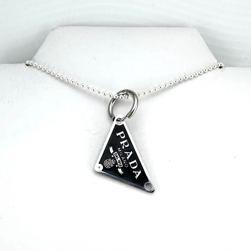 AUTHENTIC Black Prada charm with unbranded sterling silver necklace. - Picture 1 of 8